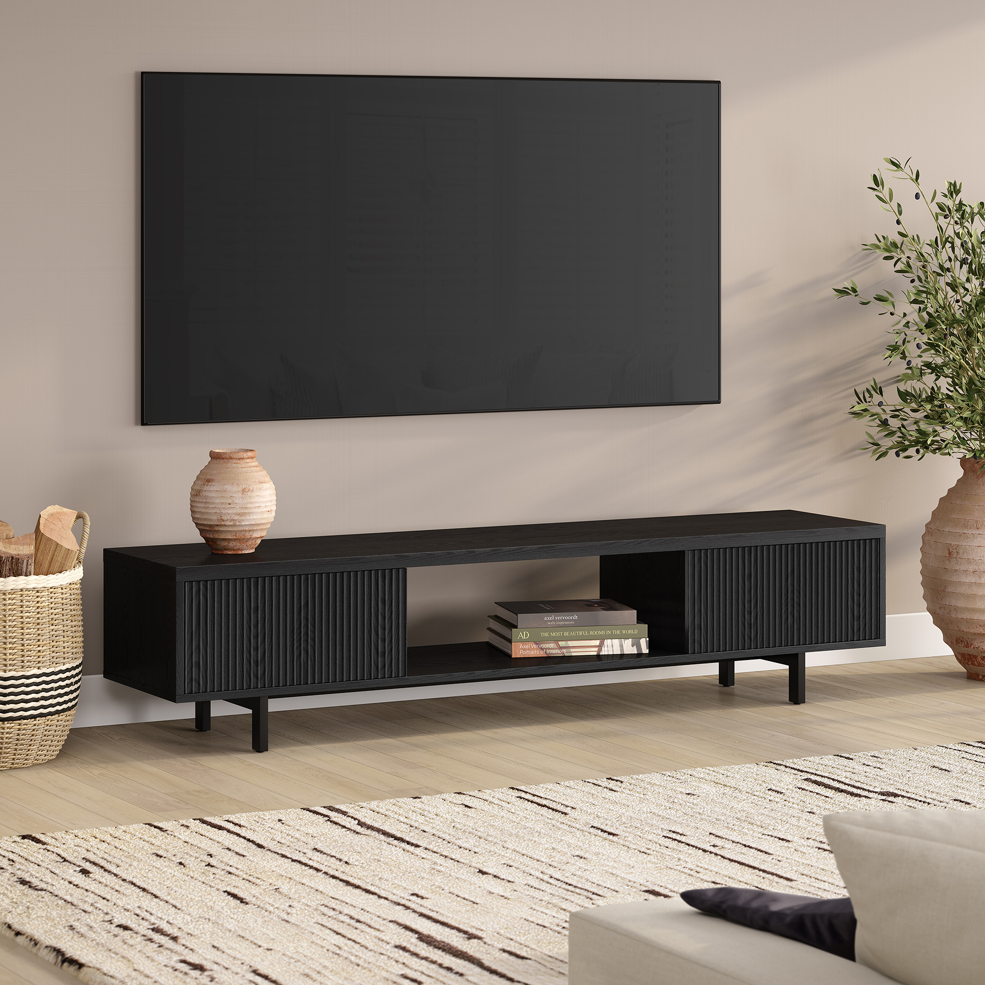 Lucien Rectangular TV Stand for TV's up to 78" in Black Grain