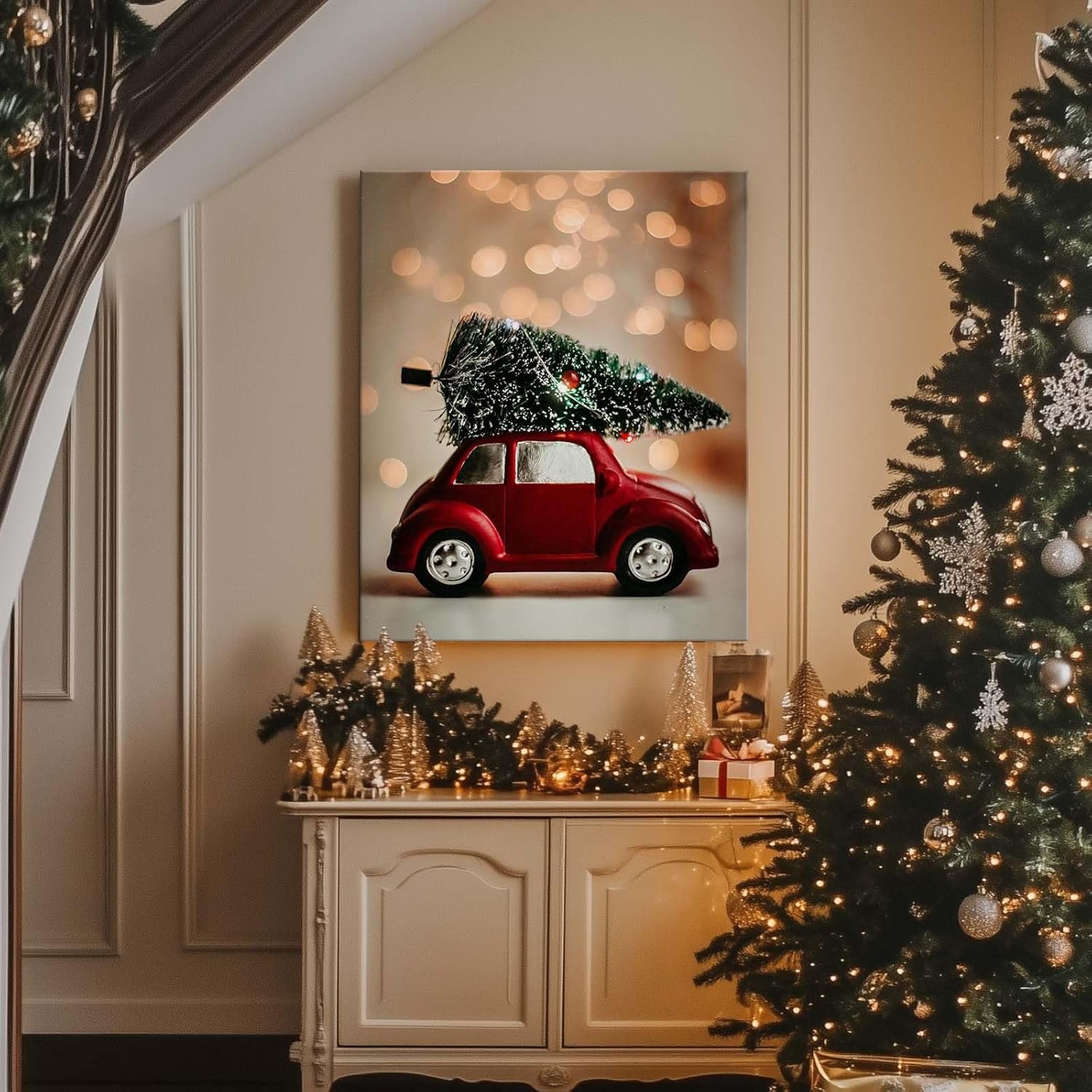 Christmas canvas wall art decor, Red Sedan with Cedar Trees and Lights, Festive Wall Decor for Living Room, Bedroom, Dining Room or Office, Adds Holiday Warmth to Your Home?8X10inch