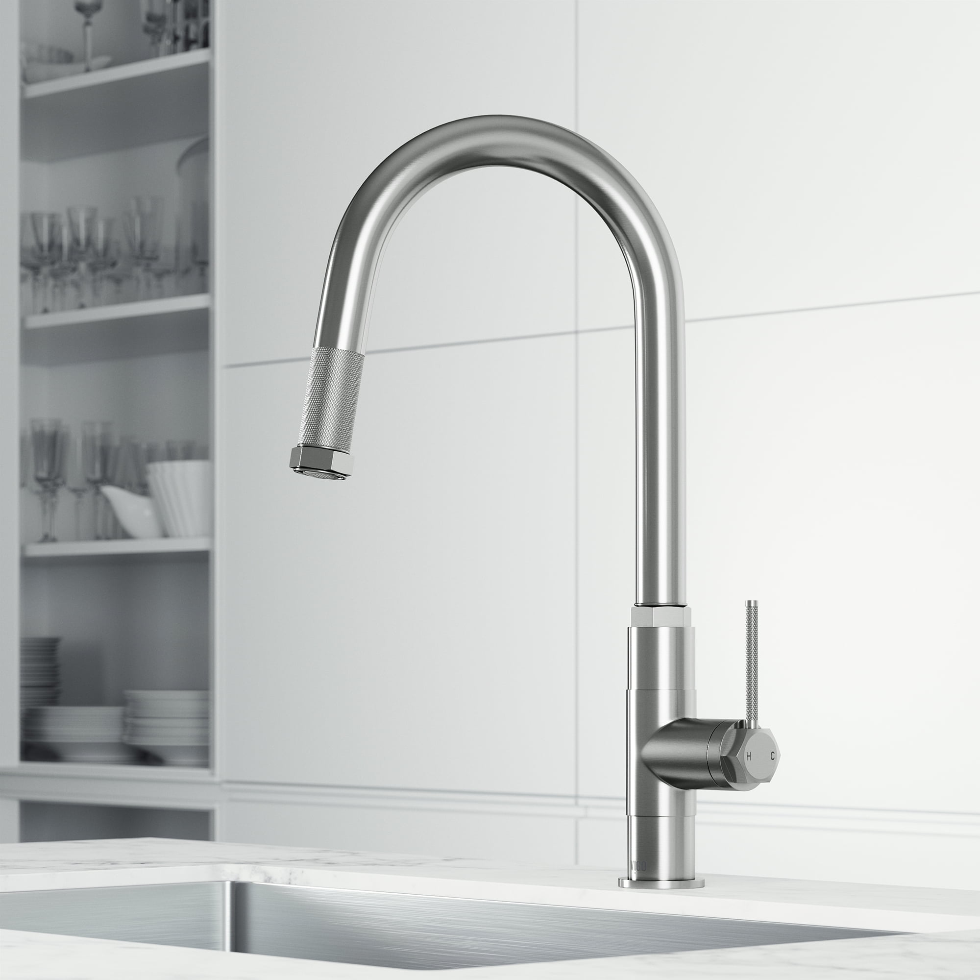 Open Box VIGO Hart Arched Single Handle Pull-Down Spout Kitchen Faucet in Stainless Steel