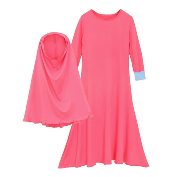 Odeerbi Kids Girls Cotton Muslim Dress with Hijab One-Piece Islamic Prayer Dress Solid Color Long Sleeve Dress with Headscarf Set Kids Girls Clothes