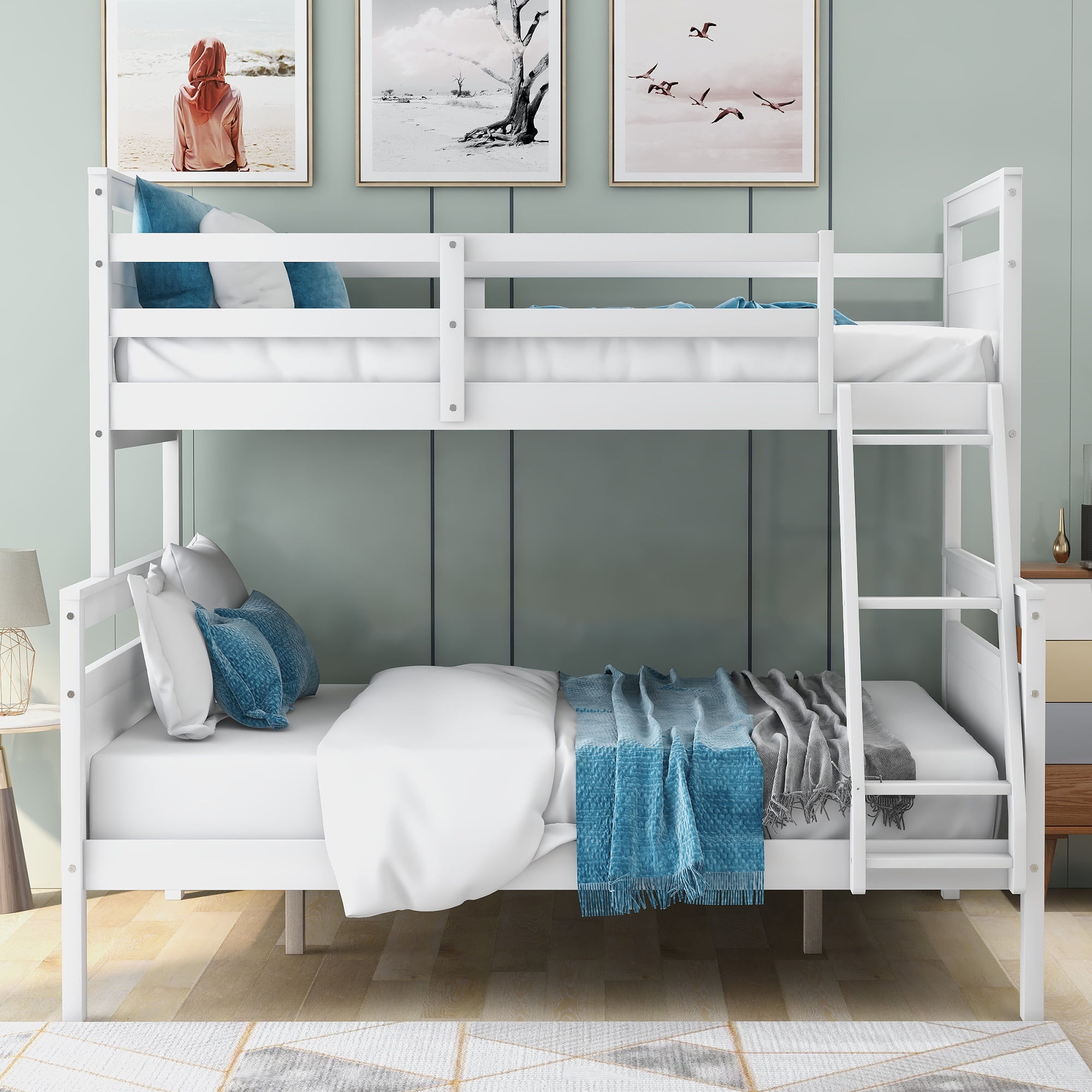 Euroco Modern Solid Wood Twin over Full Kids Bunk Bed Frame with Ladder, White