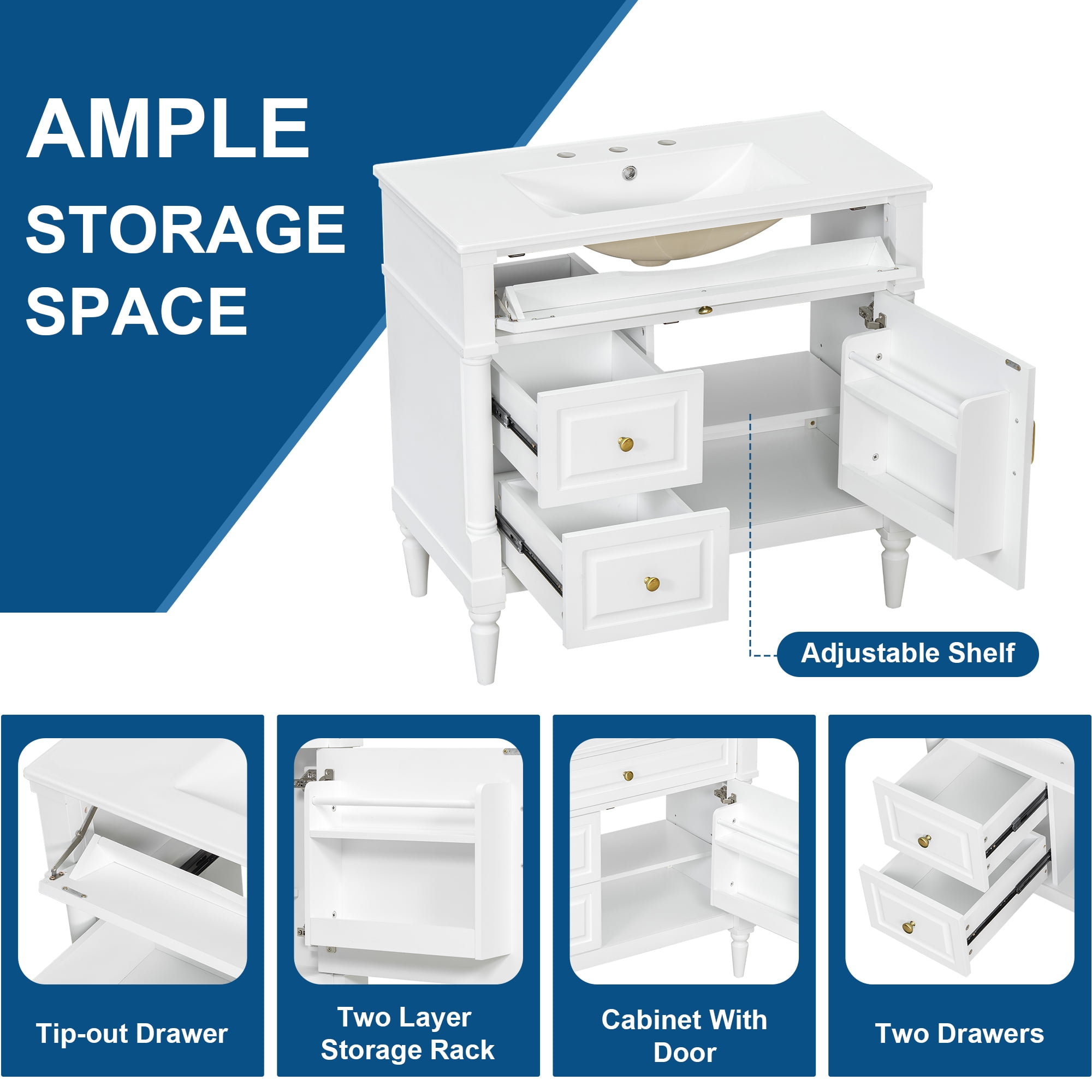 Alvantor 36" Bathroom Vanity with Ceramic Sink, Freestanding Storage Cabinet with Flip Drawers White