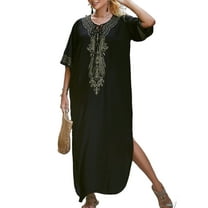 Plus Size Kaftan Dresses for Women Beach Caftan Loungewear Mexican Embroidered Dress Long Beach Tunic Summer Elegant Vacation Outfit Long Sleeve Robe