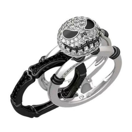 NBC Jack Skellington 3 Piece Rhinestone Silvertone Band Ring Set Size 9