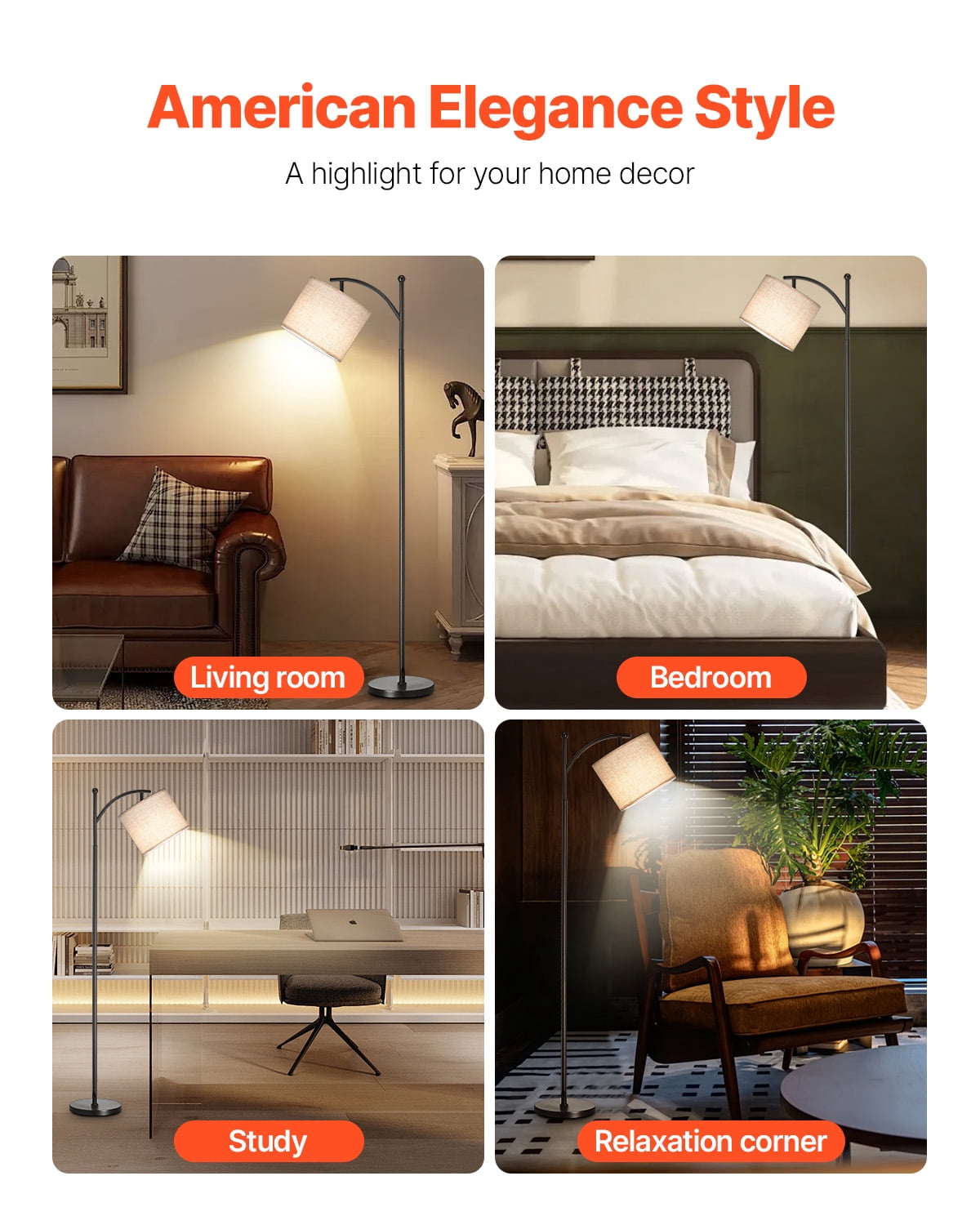 VEVOR Dimmable Floor Lamp, Color Temperature & Brightness Adjustable, Modern Standing Lamp with Remote Control, Foot Switch Floor Lamp for Living Room, Bedroom, Office(LED Bulb, Lampshade Included)