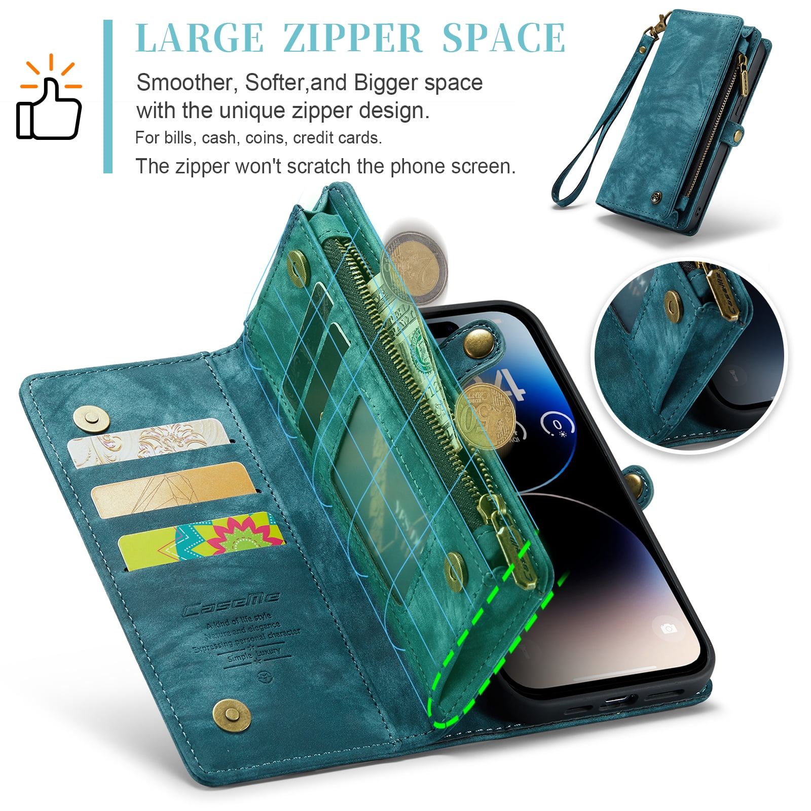 TECH CIRCLE Apple iPhone 14 Pro Max Case,iPhone 14 Pro Max Wallet Case with Card Holder Kickstand Zipper Pocket Lanyard Strap Wristlet PU Leather Flip Case Wallet for iPhone 14 Pro Max 6.7 inch,Green