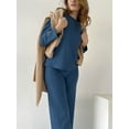 thumbnail image 3 of Women’s Two Piece Pajama Set Long Sleeve Off Shoulder Knit Tops and Wide Leg Pants Set Loungewear, 3 of 10