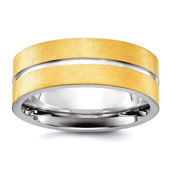 Stainless Steel Brushed and Polished Yellow Ip Plated Grooved 8mm Band Size 10 Ring for Women and Men