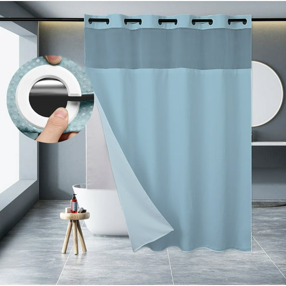 Zrodlmo No Hook Fabric Shower Curtain with Snap Lining, Waffle Waterproof and Mildew Resistant Bathroom Curtain, 72" x 74", Light Blue