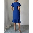 thumbnail image 2 of Royal Blue Women Solid Color Round Neck Petal Sleeve Ruffle Hem Midi Dress, 2 of 6