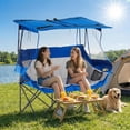 thumbnail image 6 of Double Camping Chair with Canopy Shade, Oversized Folding 2 Person Loveseat with Cup Holders and Side Pockets, Portable Outdoor Couch for Beach Lawn Picnic Fishing (Blue + Grey), 6 of 8