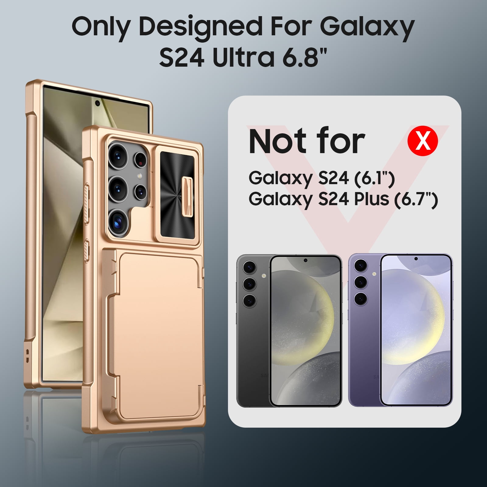 Vizvera for Samsung Galaxy S24 Ultra Phone Case with RFID Cards Holder (Store 4 Cards)&Camera Cover & Kickstand,Shockproof Silicone Case-Champagne
