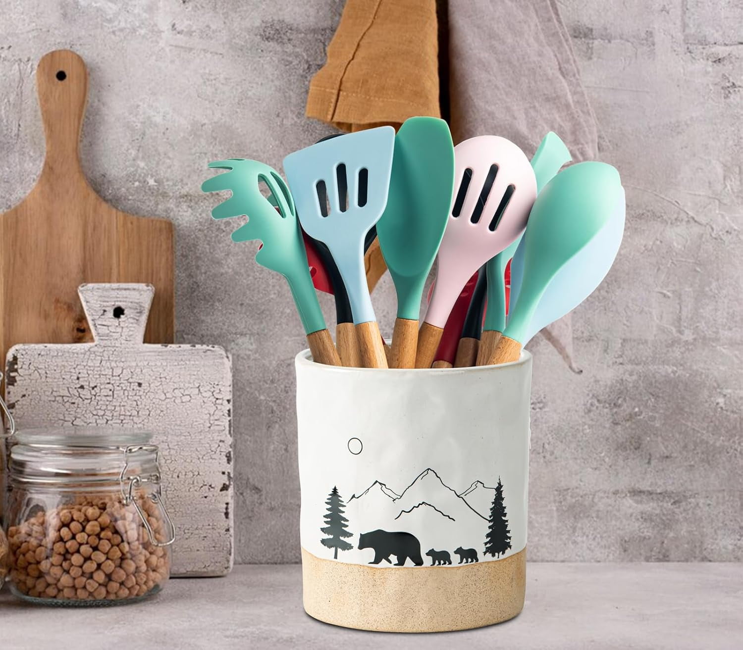 Bear Ceramic Kitchen Countertop Utensil Crock White Large Cooking Utensil Holder