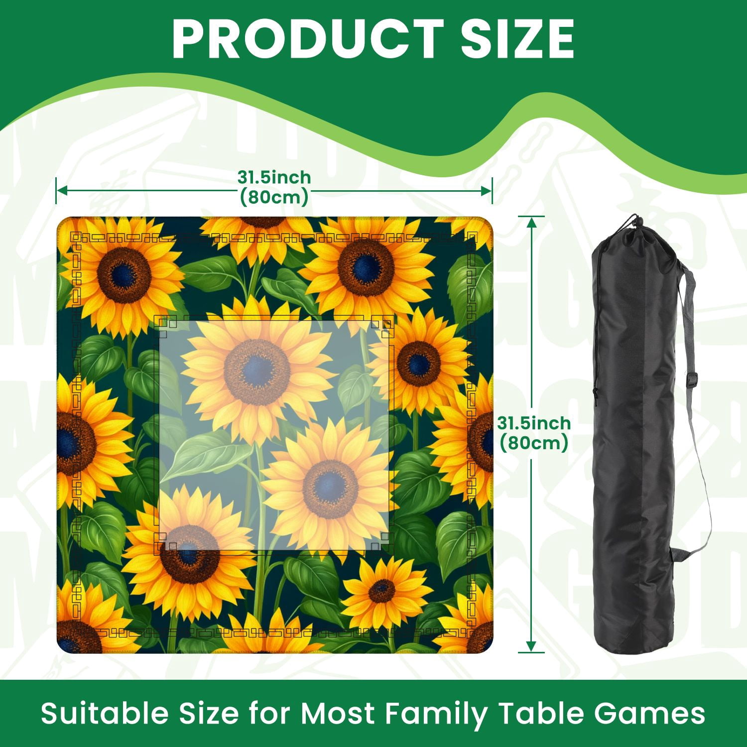 Mahjong Mat 31.5" x 31.5" Bright Sunflower Green Leaves Dark Non-Slip Noise Reduction American Mahjong Tiles Table Cover for Dominoes Poker Card Board Games Gift