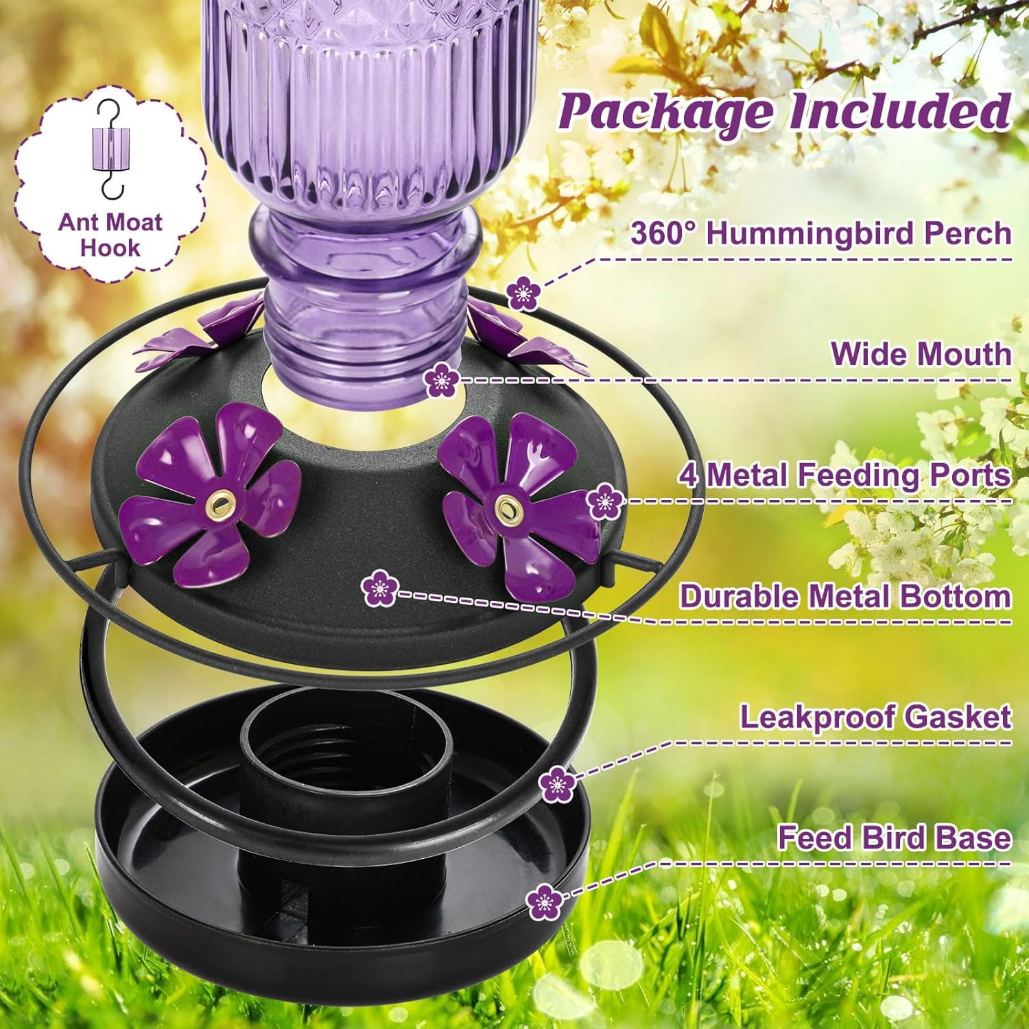 Glass Hummingbird Feeder 16 oz Hanging Outdoor Feeder with Bee-Proof Ports, Ant Moat, Leakproof, Easy to Clean & Refill, 360° Perch, Purple