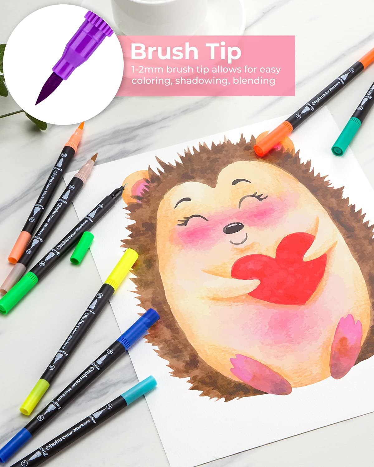 Ohuhu 60 Colors Art Marker Dual Brush Pens, Fine & Brush Tip, Water Based,  Black