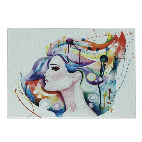 Art Cutting Board, Grunge Inspired Young Woman with Rainbow Colored Hair Abstract Watercolor Art, Decorative Tempered Glass Cutting and Serving Board, Small Size, Multicolor, by Ambesonne