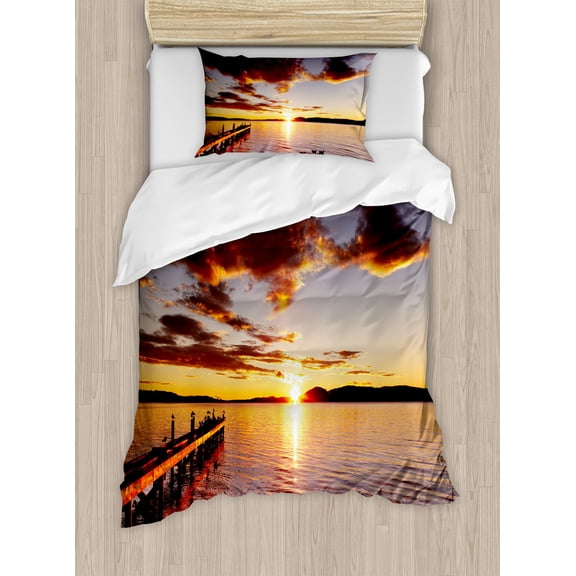 Coastal Duvet Cover Set, Lake Rotorua Dramatic Sunrise North Island New Zealand Morning Scenic Scenery, Decorative 2 Piece Bedding Set with 1 Pillow Shams, Twin Size, Yellow Red Black, by Ambesonne