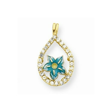 10k Yellow Gold Enamel Flower & CZ Teardrop Pendant