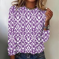 Honeeladyy Fashionable Women's Printed Round Neck Pullover Long Sleeved Casual Top for Tennis Golf (Purple,XL)