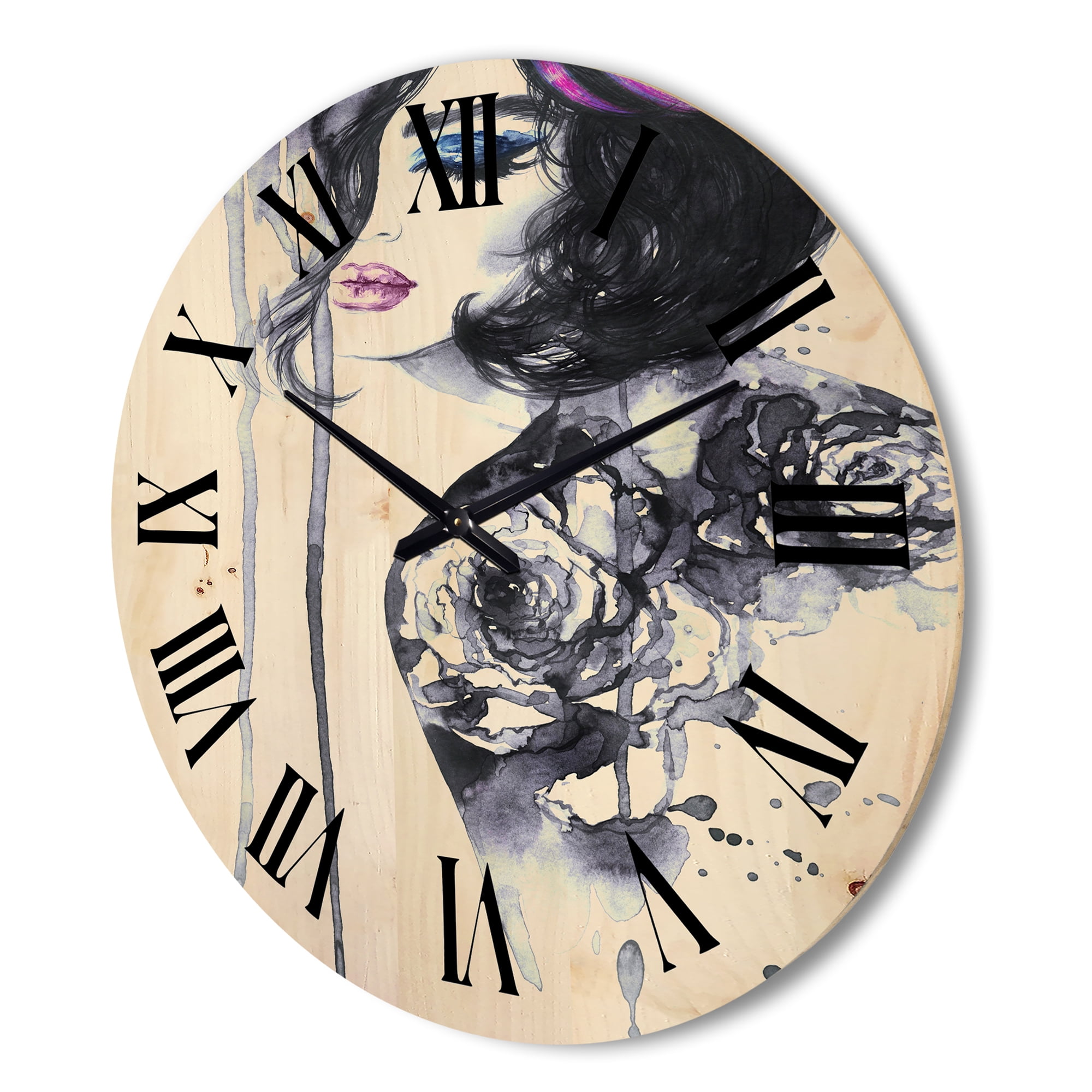 Designart 'Monochrome Female Portrait With Colorful Makeup' Modern Wood Wall Clock