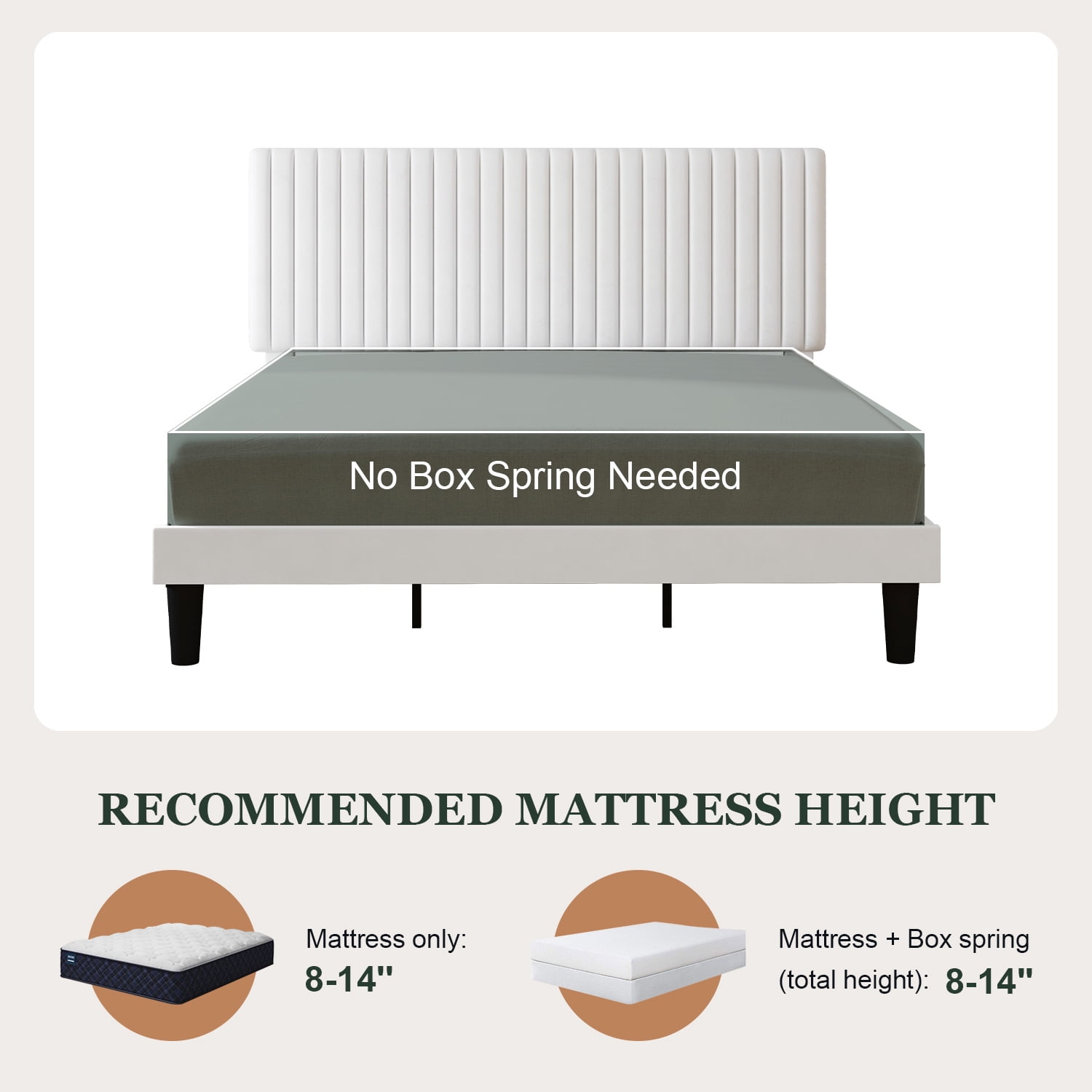 Amolife King Size Upholstered Platform Bed Frame with Adjustable Velvet Headboard, Off-White