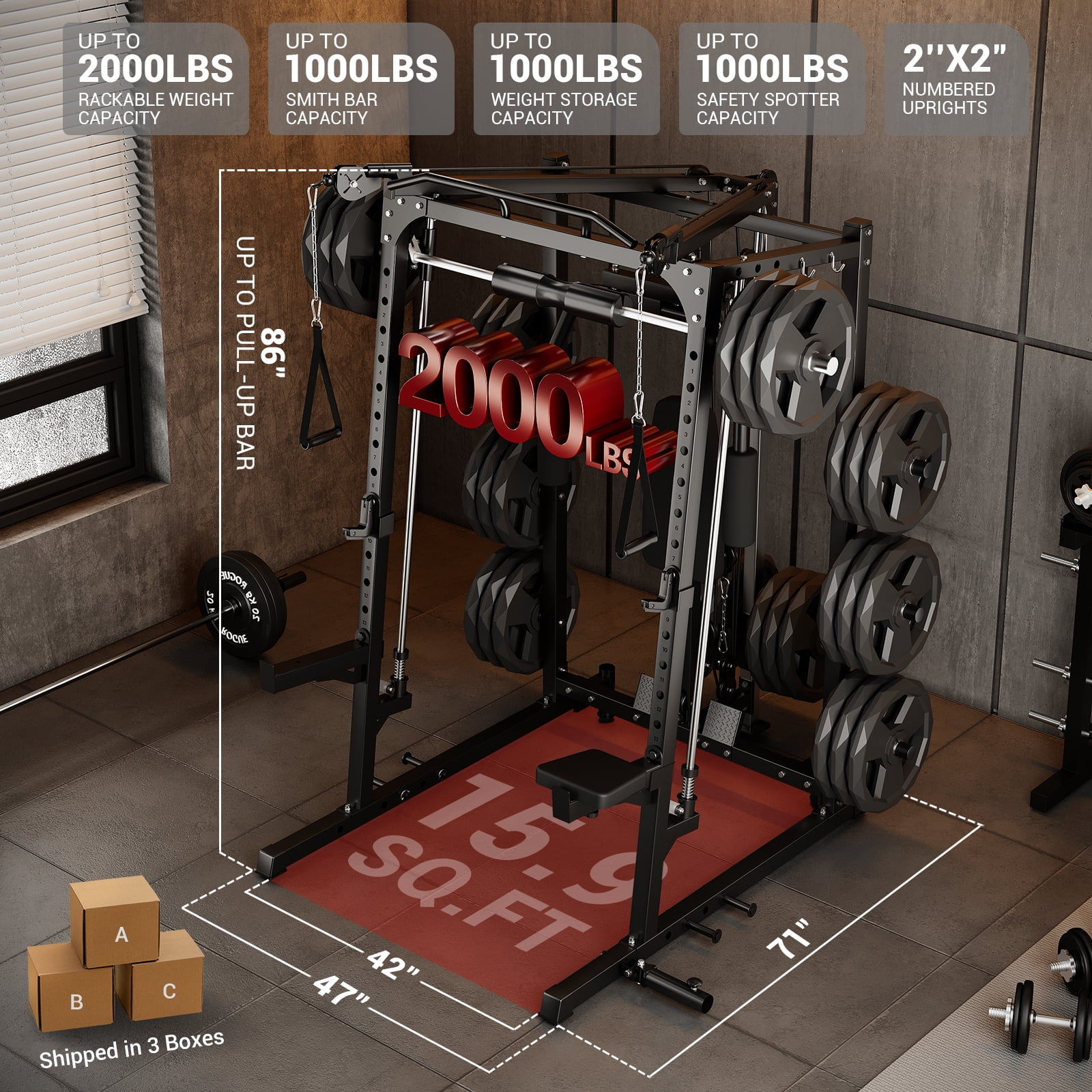 JoanKaren Smith Machine, 2000lbs Squat Rack for Home Gym,Multi-Function Power Cage Cable Crossover System Training Equipment,Black