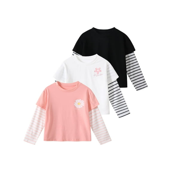 Fdqin Girls Long Sleeve Shirts 3 Pcs Floral Print Cute Shirts Crew Neck Knit Tops Casual Daily Shirt Pink white black 3-4 Years