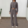 thumbnail image 3 of 2 Pcs/Set Women Top Pants Set Round Neck Long Sleeve Crop Top Drawstring Elastic Waist Wide Leg Sweatpants Sport Outfit Spring Autumn Tracksuit, 3 of 8