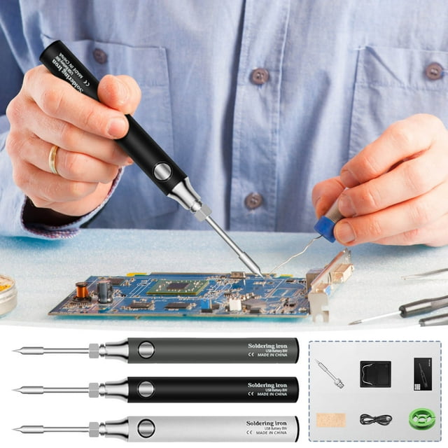 Sentmoon Kit de Fer à Souder Rechargeable Station de Soudage Électrique Portable Fer à Repasser Basse Tension pour la Maison avec Support Assortiment pour Réparation Électronique Bricolage Passe-Temps