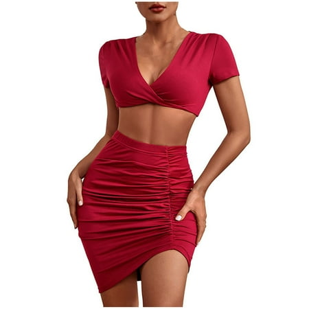 

Women Sexy Fashion Summer V-Neck Short Sleeve Package Hip Skirt Tight Suit Dress Red XL