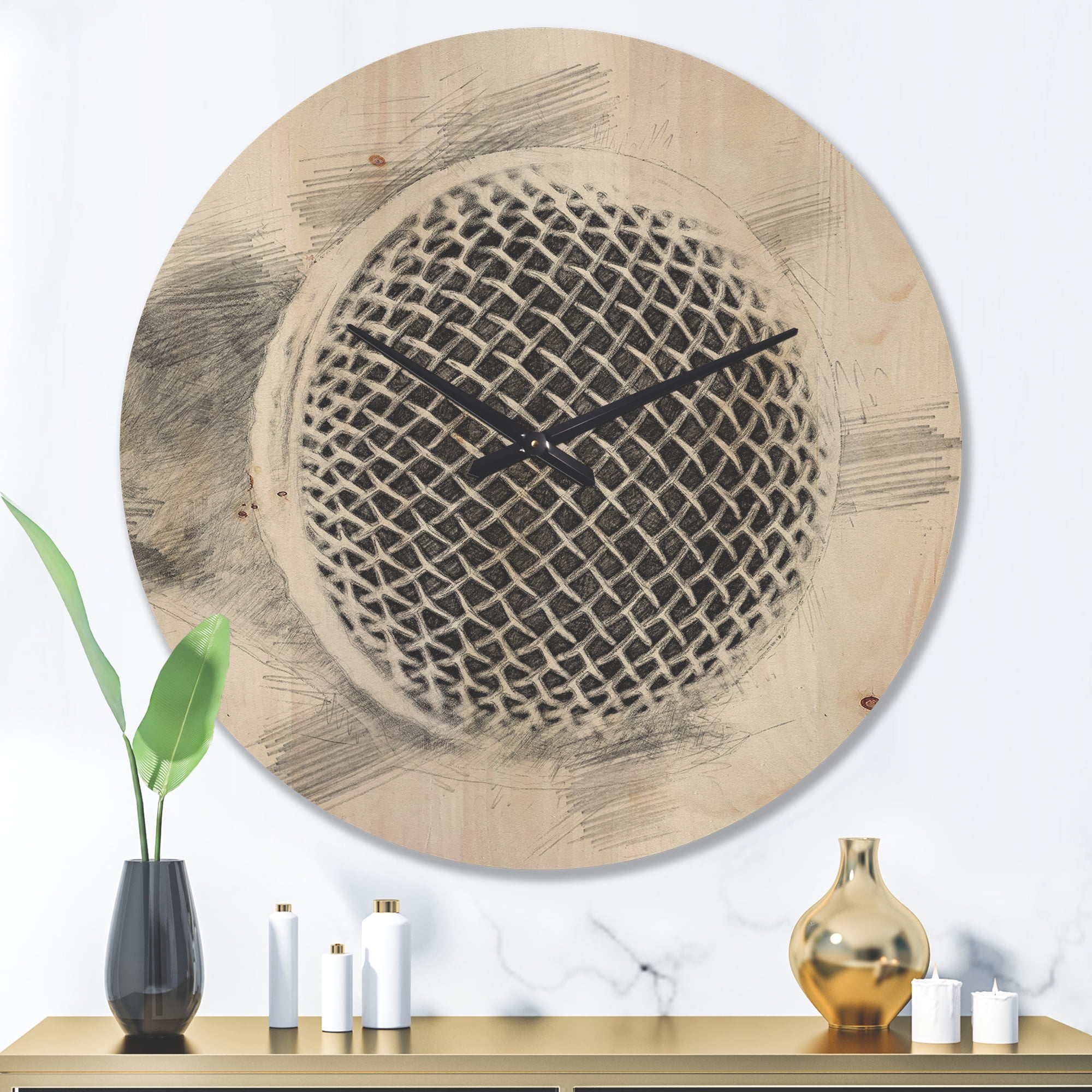 Designart 'Pencil Sketched Microphone' Modern Wood Wall Clock