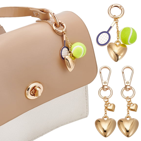 4Pcs Heart Charm Keychain Gold Heart Tennis Racket Bag Charms 2 Styles Cute Tennis Ball Racket Pendant Keychains Accessories