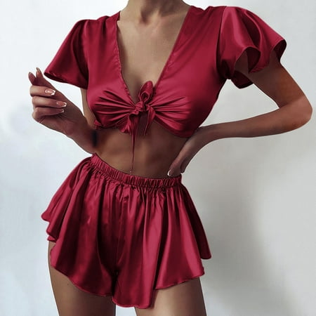 Levmjia Pajamas for Women Set Clearance Summer Plus Size Women Sexy-Lingerie Sleepwear Satin Silk Babydoll Lace Up Nightwear Pajamas Set