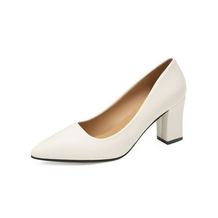 

Ritualay Women Dress Shoes Pointed Toe Pumps Slip On High Heels Lightweight Anti-Slip Fashion Shoe Work Formal Chunky Block Pump White 5.5