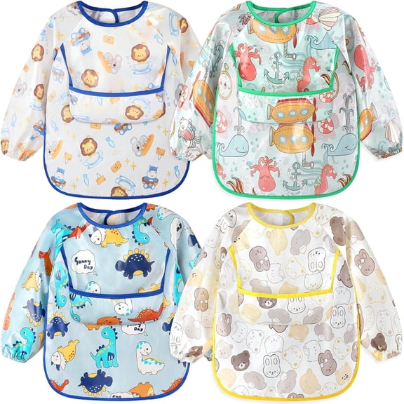 4 Pcs Waterproof Long Sleeve Baby Bibs Smock Toddler Feeding Eating Art Pocket