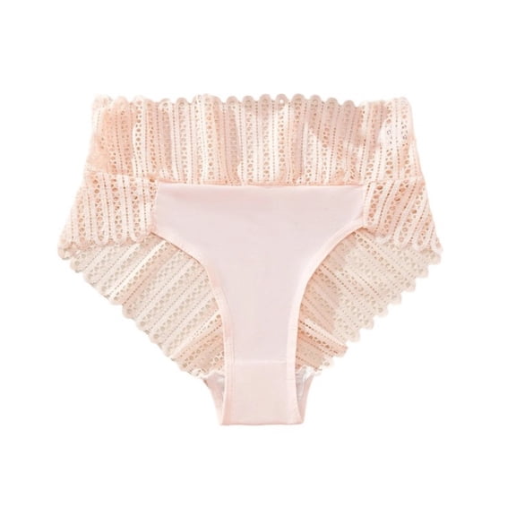 Womens High Waisted Lace Panties - Cotton Tummy Control Briefs, Seamless Hipster Underwear, Beige,Size L