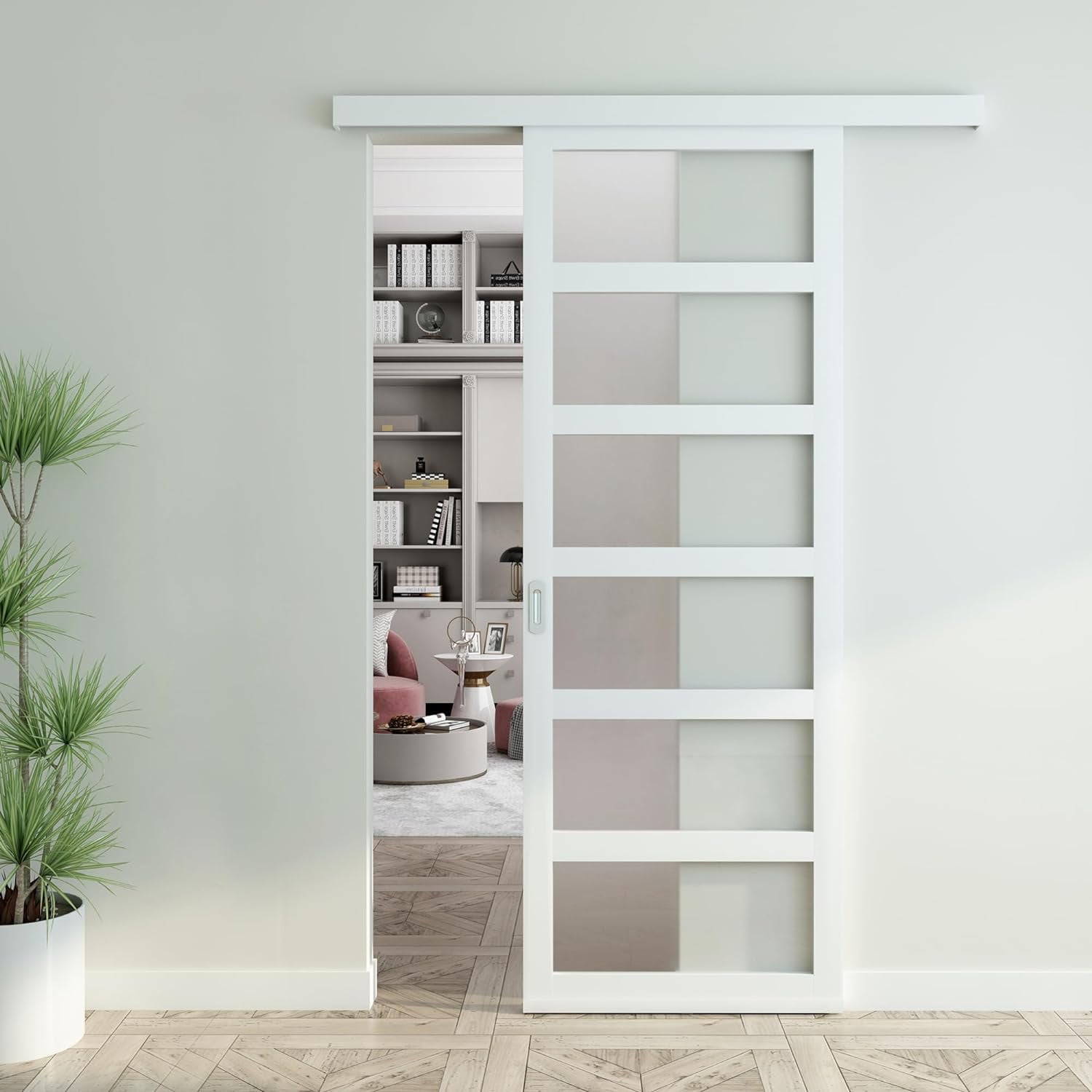 JUBEST 30"x84" White PVC Sliding Barn Door with Hardware Kit and Pull, Translucent Lightweight Plastic Barn Door, Water-Proof, Easy Assembly