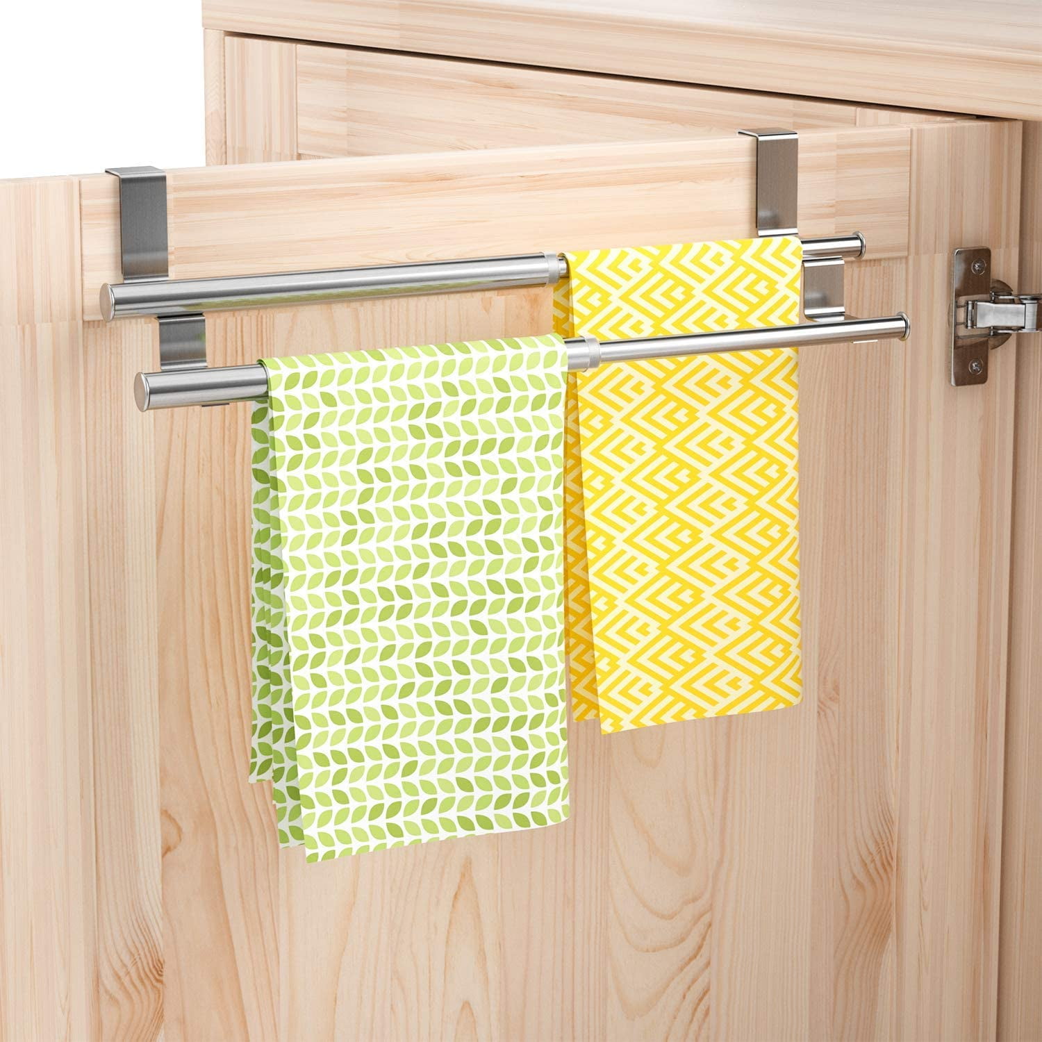 Stainless Steel Kitchen Towel Holder Over Cabinet Door Tea Towel Hanger Expandable & Double Towel Bar Rack for Universal Fit on Inside or Outside of Cupboard Doors 