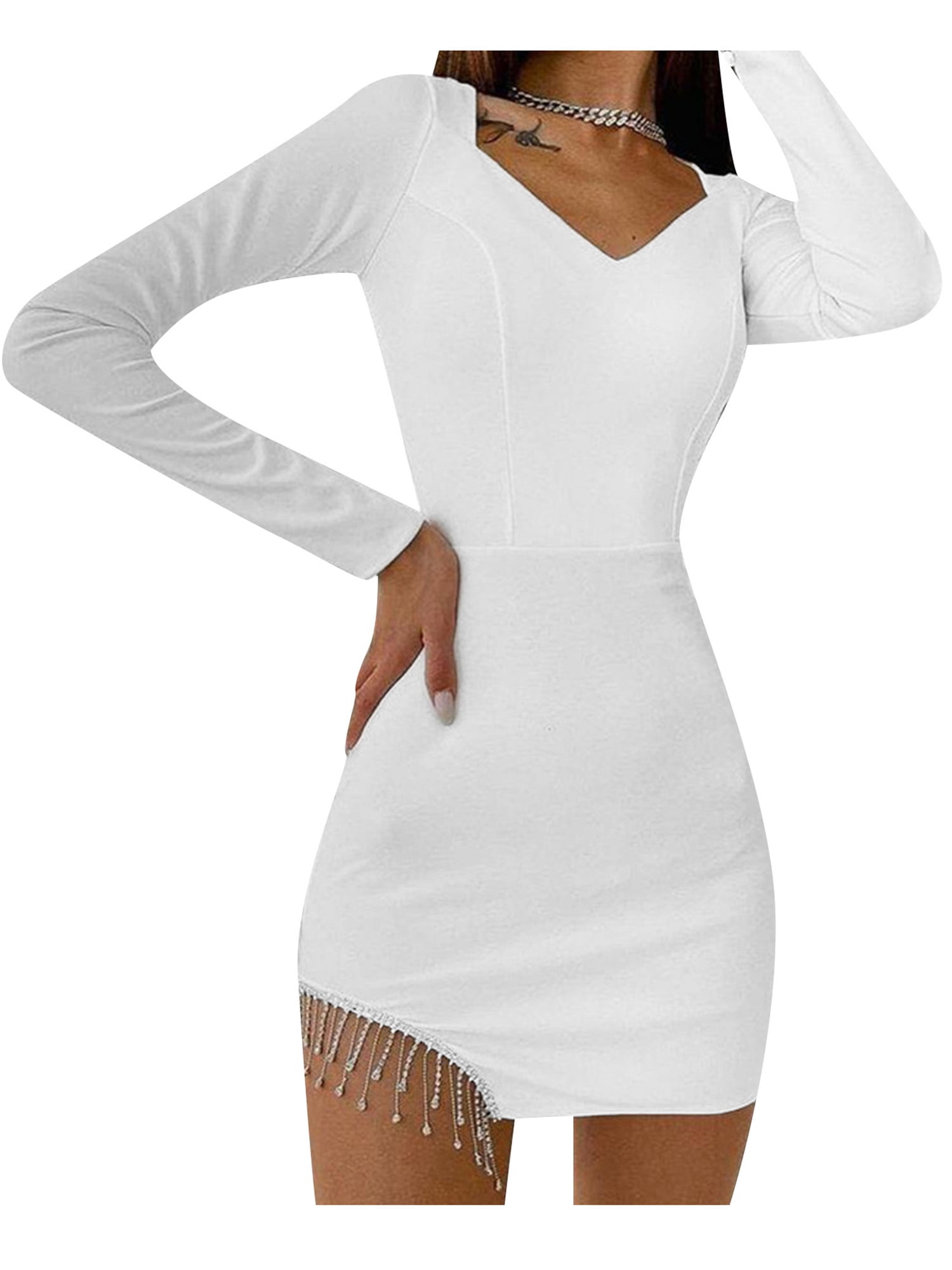 solid rhinestone cut out irregular bodycon dress