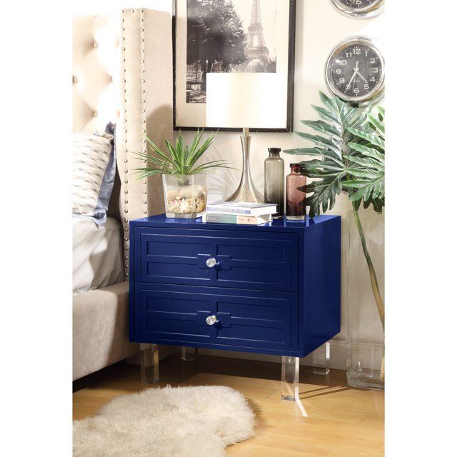 Inspired Home Filippo Glossy 2-Drawer Nightstand Lacquer Finish Lucite Acrylic Legs, Navy