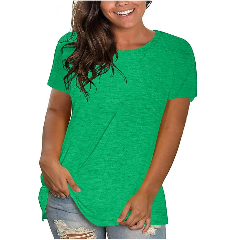 Zpanxa Womens Plus Size Summer Tops Solid Round Neck Short Sleeve Workout  T-shirt Blouse Loose Fit Tech Stretch Activewear Green XL