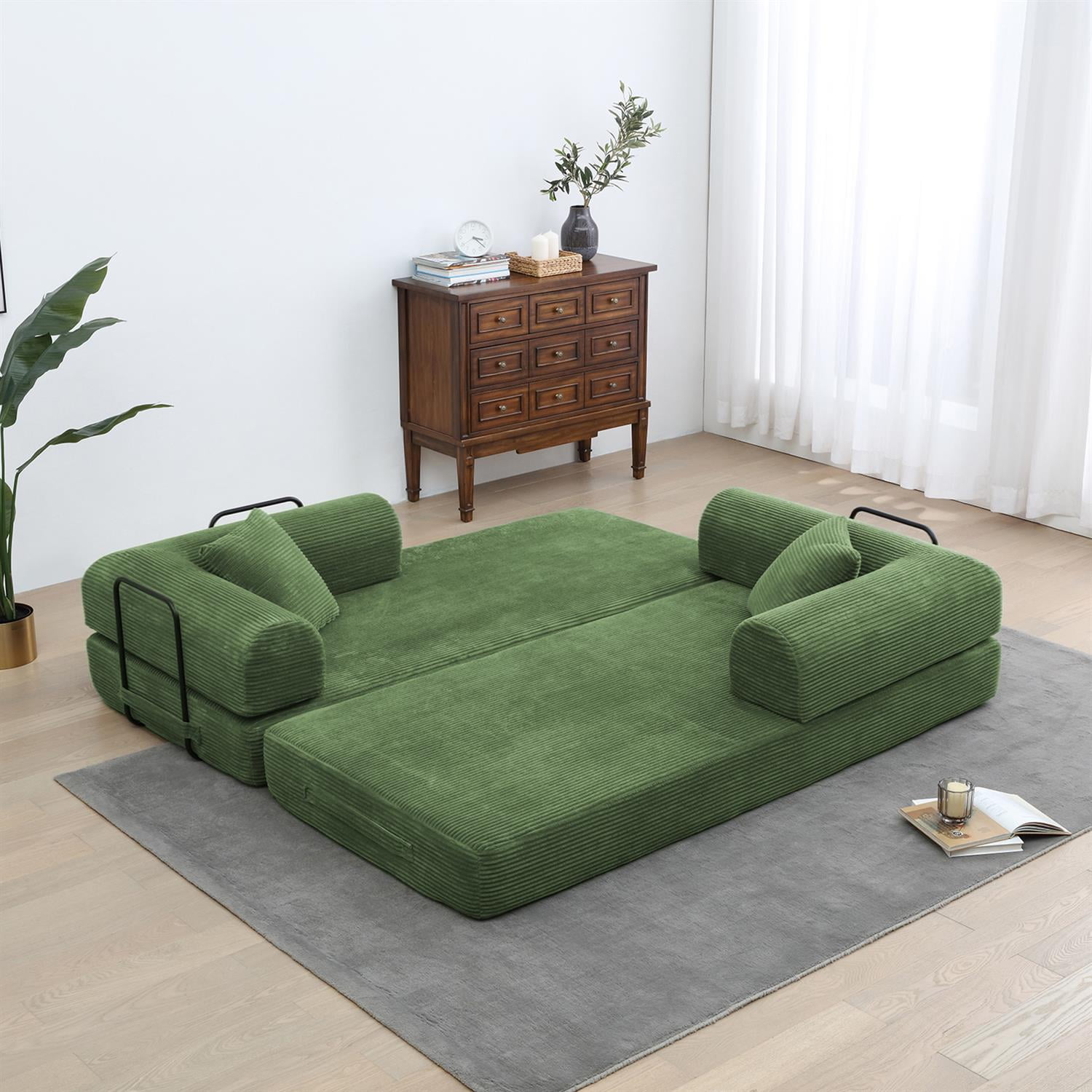 Demi Bonn 77" Convertible Sleeper Sofa Bed, Corduroy Foldable Mattress Couch with Cylindrical Pillow & Fixed Frame for Living Room, Bedroom, Green
