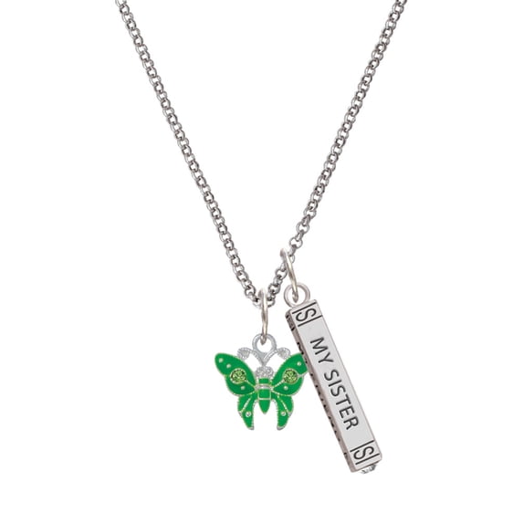 Delight Jewelry Silvertone Lime Green Butterfly with 2 Lime Green Crystals Silvertone Always My Sister Bar Charm Necklace, 23"