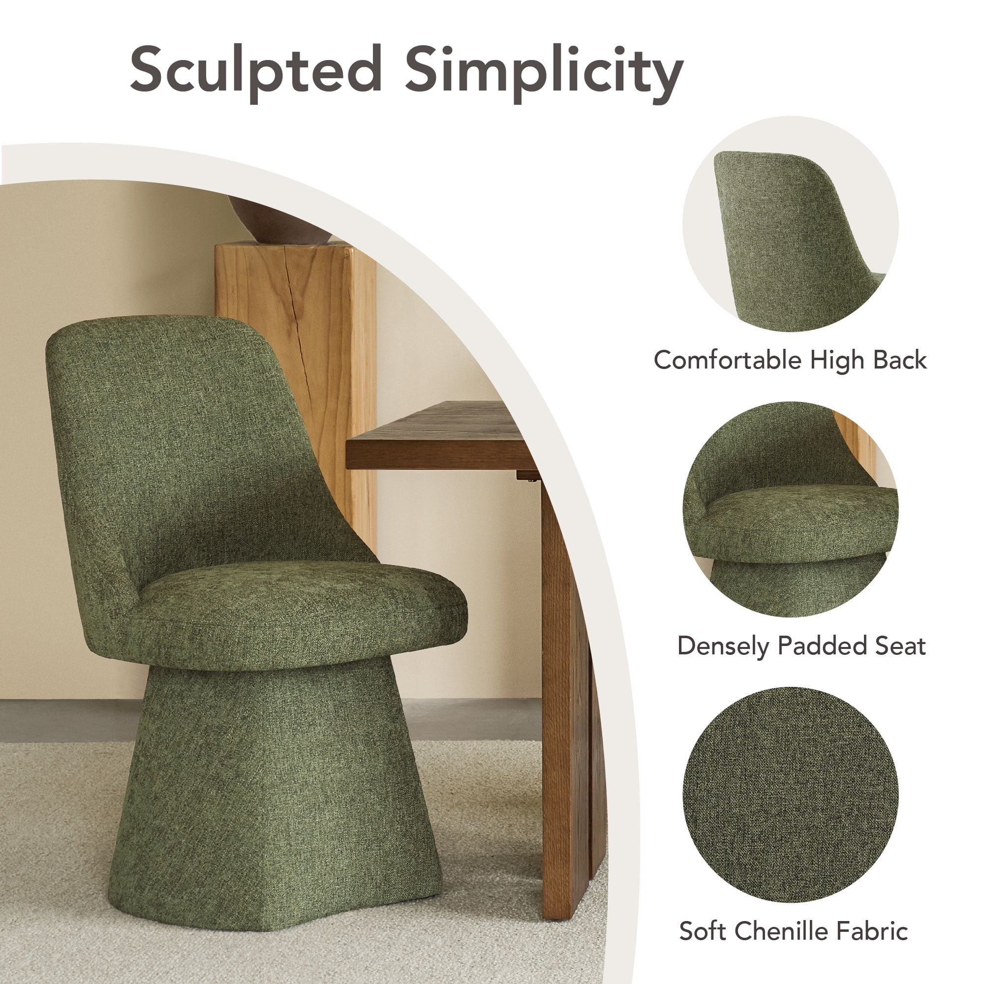 Spruce & Spring Modern 360-Degree Swivel Accent Dining Chair, High-Traffic Linen-Look Chenille Fabric, Green Moss