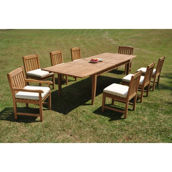 Grade-A Teak Dining Set: 8 Seater 9 Pc: 122" Atnas Double Extension Rectangle Table And 8 Devon Chairs (2 Arm & 6 Armless Chairs) WholesaleTeak #WMDV65