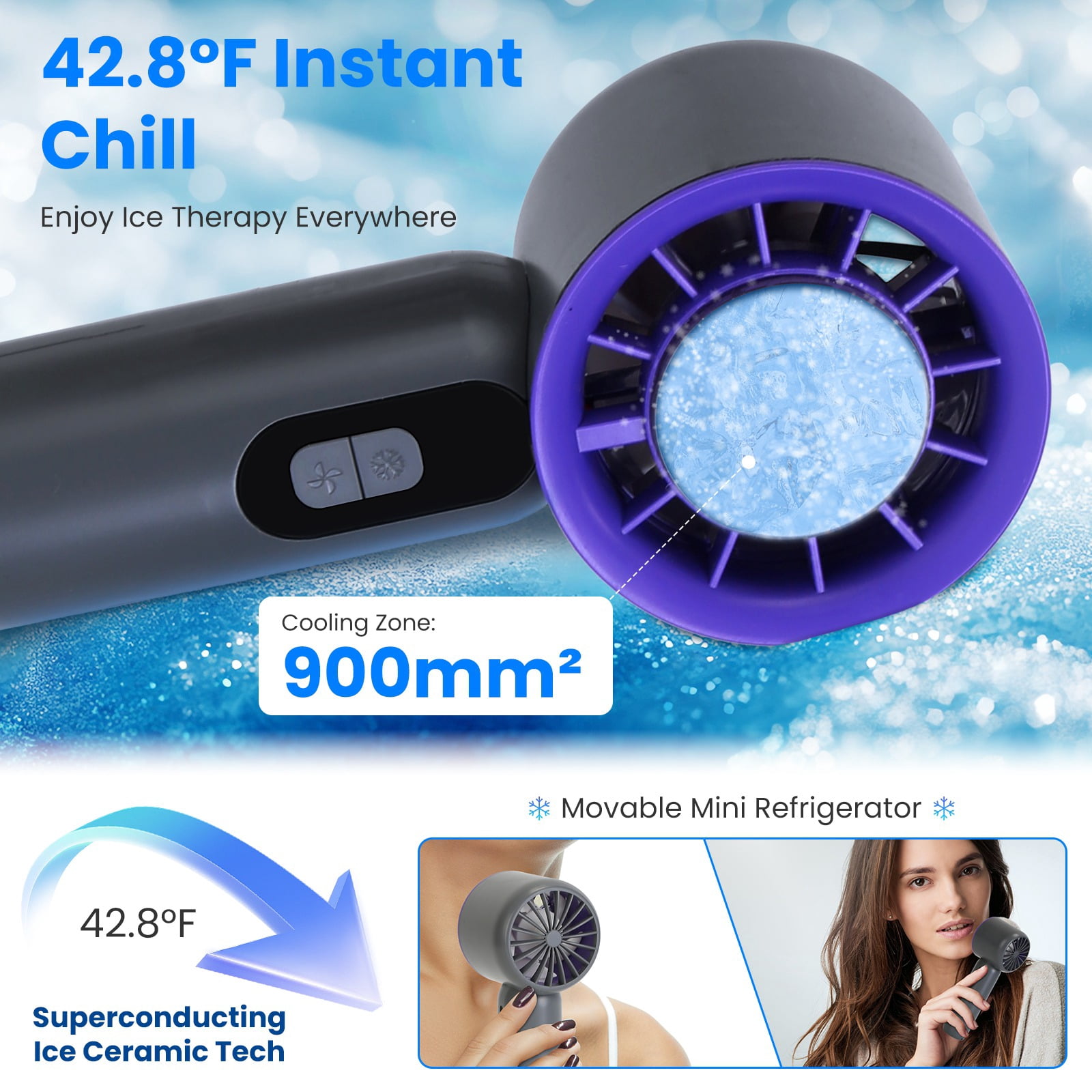 100 Speed Handheld Cooling Fan with Superconducting Ice Pack, 3000mAh Rechargeable Portable Mini Air Cooler with LCD Display for Summer Outdoor Travel
