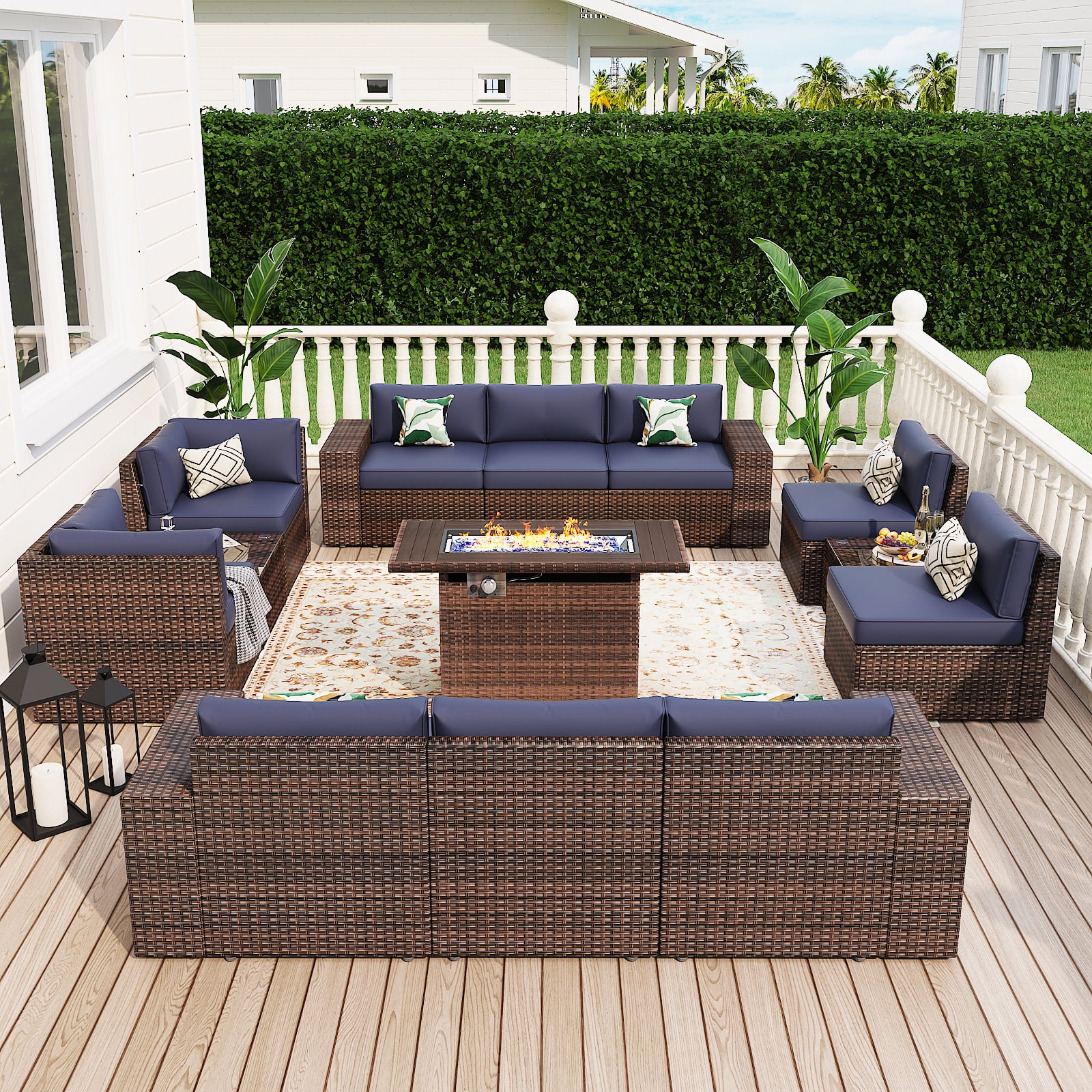 unmthink 13-Piece Rattan Sectional Patio Furniture Set with Fire Pit Table, 2 Coffee Tables, Blue