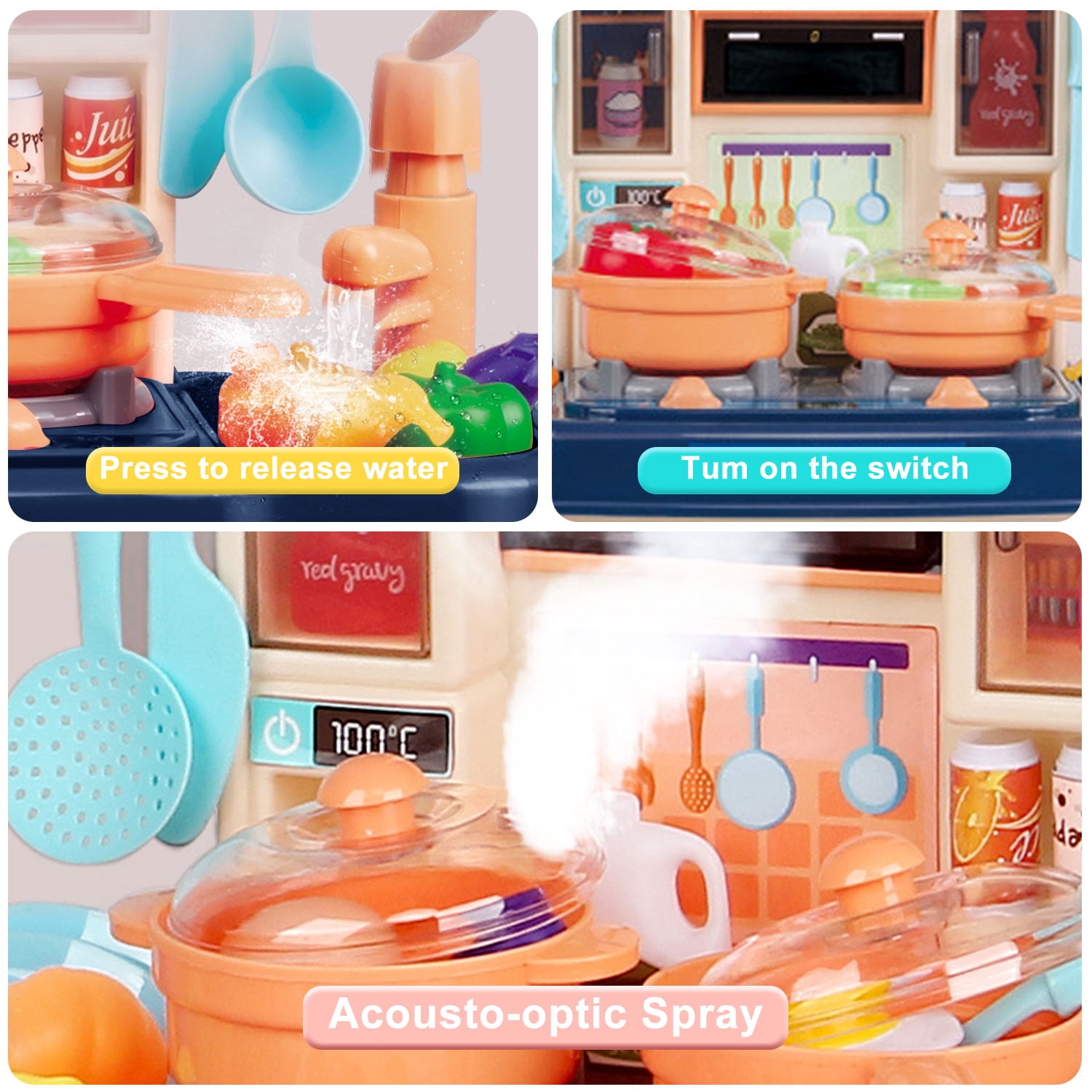 Seenda Little Kitchen Playset, Kitchen Toy Set with Realistic Sound & Light, Play Sink, Cooking Stove, Play Food and Kitchen Accessories for Toddlers Kids (Mini, Blue)