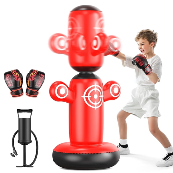 Saco de boxeo QPAU giratorio 360° para niños con guantes y bomba
